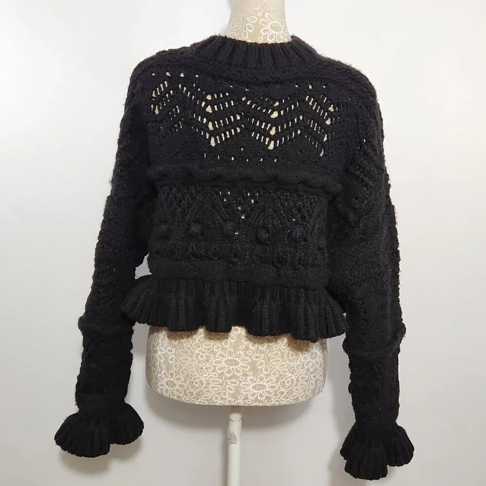 Zara Women's Size S Black Chunky Knit Bell Sleeve Open Weave Cropped Sweater